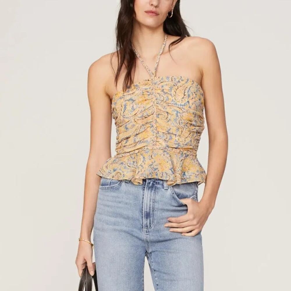 Veronica Beard Arienne Top Silk Floral Paisley Ruched Halter Neck Crop Yellow 8
